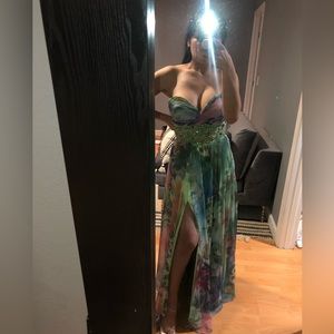 Mac Duggal Couture XS S 0 2 4 floral green purple beaded strapless cut out gown